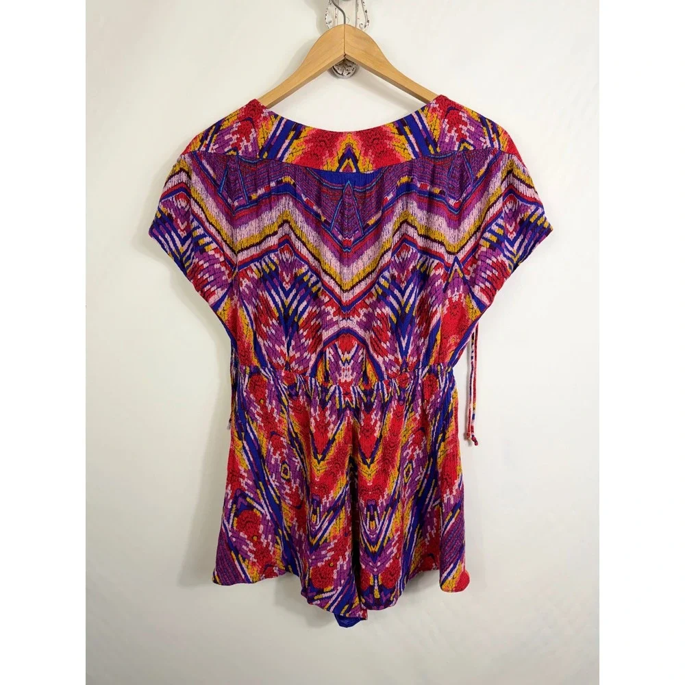 Free People Romper Womens XS Multicolor Ikat Print Boho Festival Rayon Playsuit